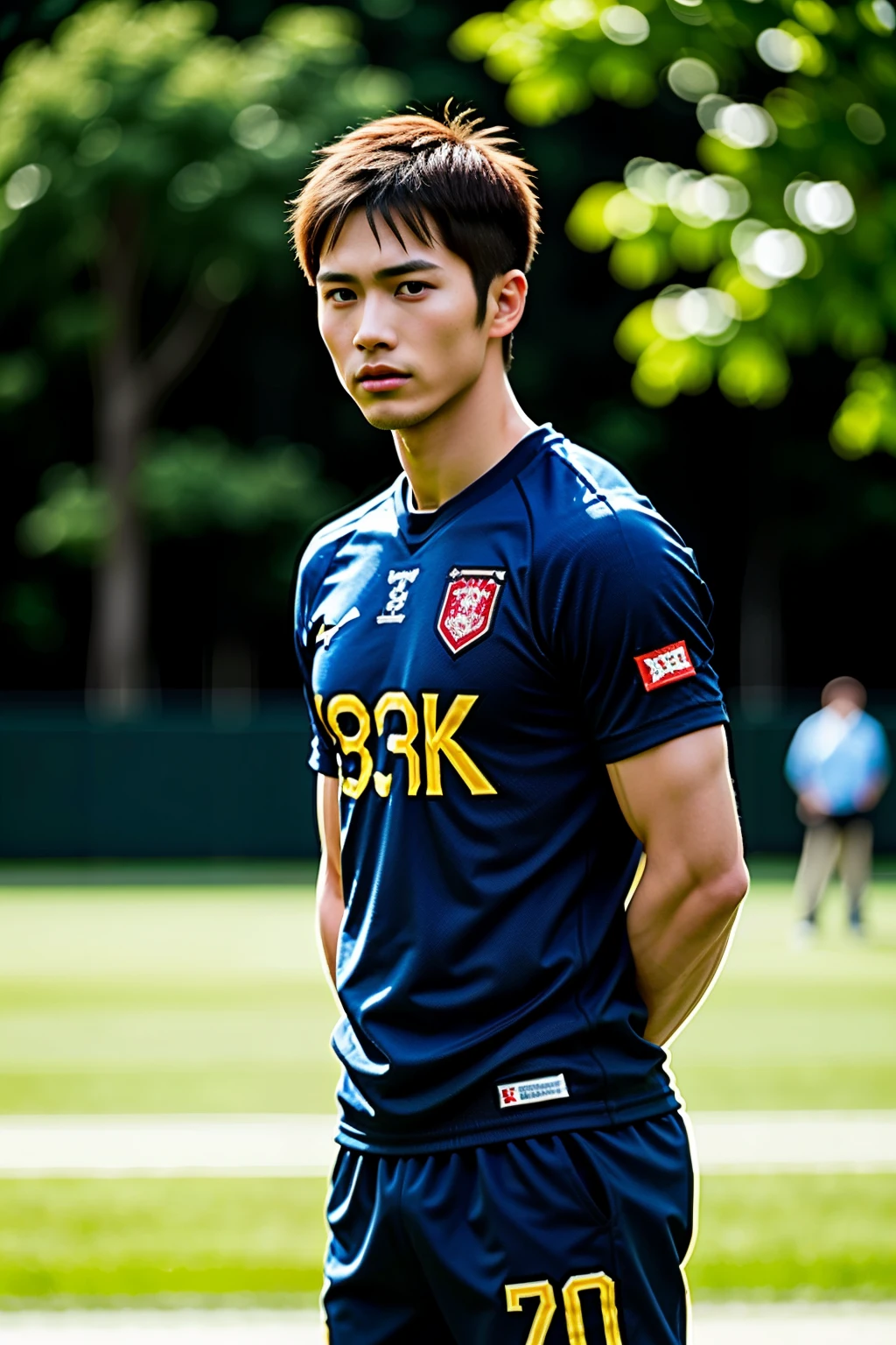 A Japanese professional footballer, mid-20s, in his team's uniform, standing on the football field, (Focus on Face:1.3), tight-fitted jersey accentuating his muscular physique, (Detailed Clothes:1.3), short-cropped hair, intense focus on the ball, (Engaging Pose:1.3), sweat dripping from his forehead, grass stains on his knees, (High Resolution:1.3), sharp focus on his facial expressions, (Best Quality:1.2), captured during a crucial moment in the game, (Realistic Lighting:1.3), dramatic spotlight highlighting him, (8K UHD