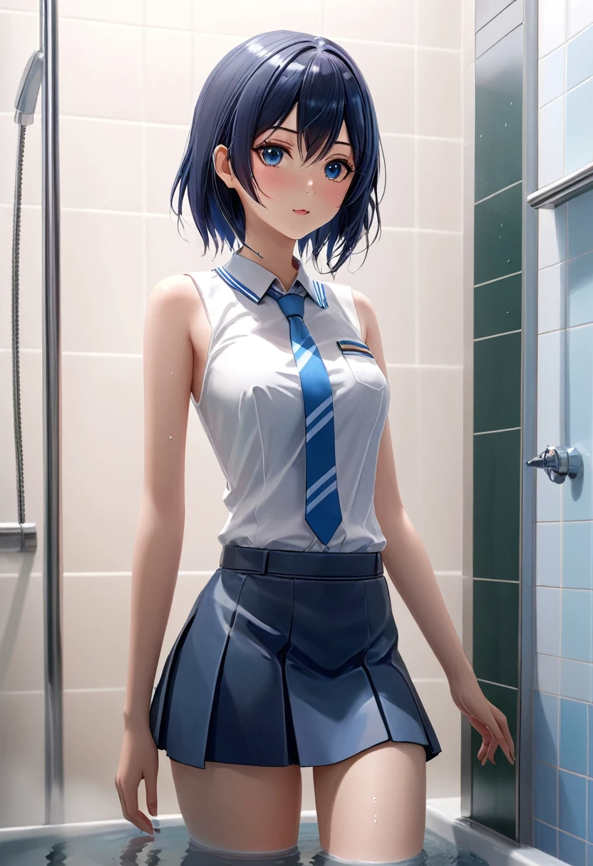 Anime girl in uniform poses in a bath with a blue skirt., a hyperrealistic , hyperrealistic , realistic , realistic anime 3 d style, smooth cg anime art, Attractive anime girl, photorealistic anime girl render, Charming anime girl, ultra realistic picture, Beautiful anime high school girl, Anime style with clean details., Clean, detailed anime art.