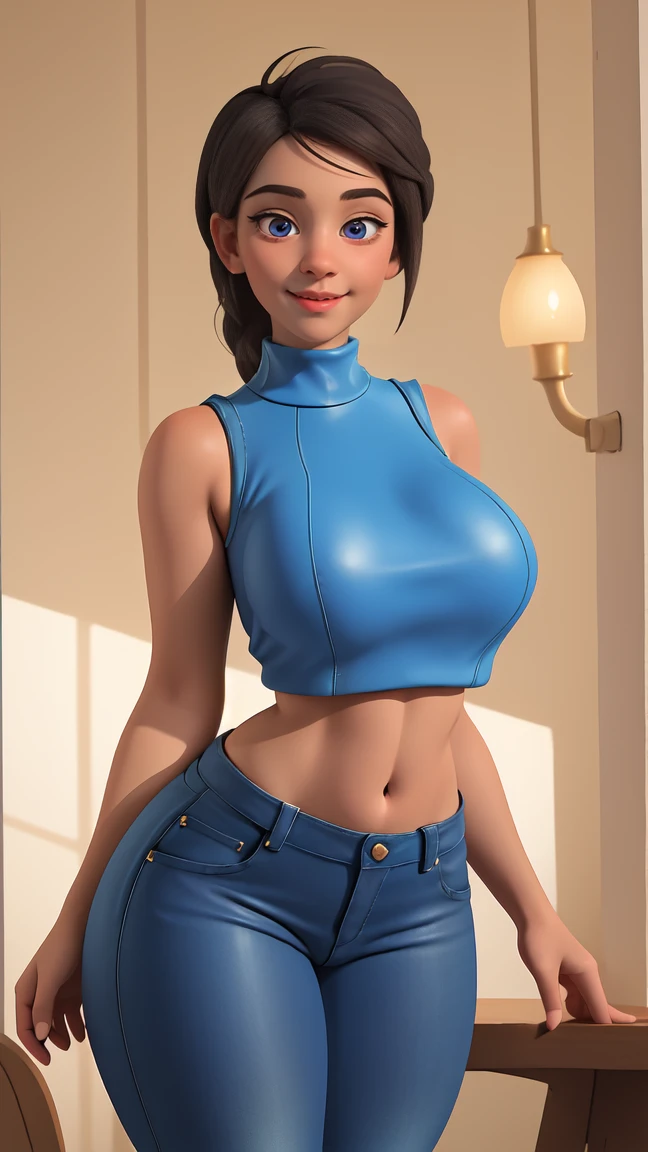 MISS APPLE, SMILE, ((sleeveless sweater)), market bottom, (((jean pants))), (((blue leather))), detailed skin, perfect legs, perfect thighs, (((curvy body))), SHOWING THE BUTTOCKS, Invite to sex