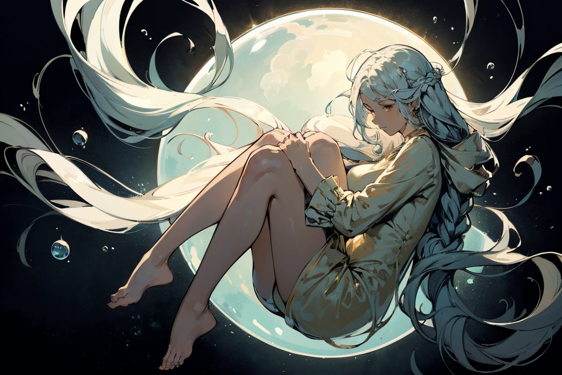 (masterpiece, best quality, Full HD), fantasy, floating in the air, ((very long hair, hair floating up vertically)), curled up, hugging knees, sitting on a luminescent bubble, slim black body suit, barefoot, white background