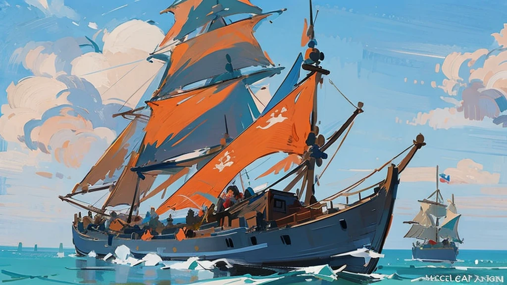Ship, Medieval ship, Galeon, Sailing ship, open sea, clear sky, painting, digital concept art, one ship,