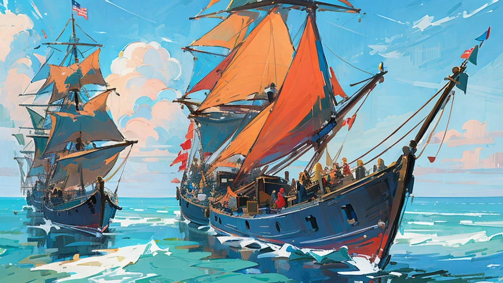 Ship, Medieval ship, Galeon, Sailing ship, open sea, clear sky, painting, digital concept art, one ship,