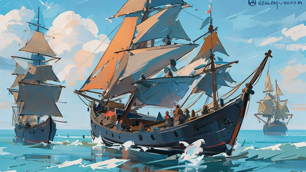 Ship, Medieval ship, Galeon, Sailing ship, open sea, clear sky, painting, digital concept art, one ship,