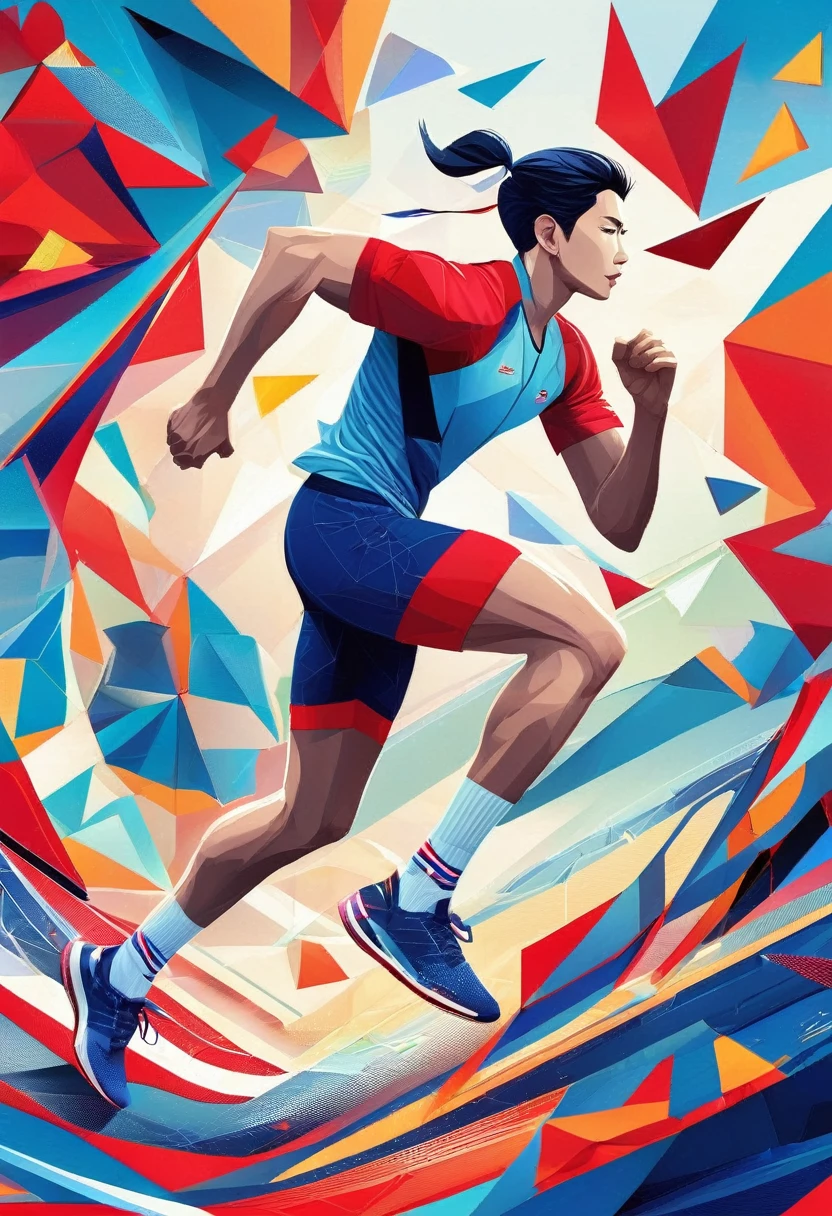 1 person, sock, sports shoes, Red shorts, Blue shirt,holding a torch，Olympic torch,geometry, Art, beautiful, rich and colorful, masterpiece, Top quality, best quality, official Art, beautiful and aesthetic, running, running track, track and field, bloom, track, Race, Asia, whole body.