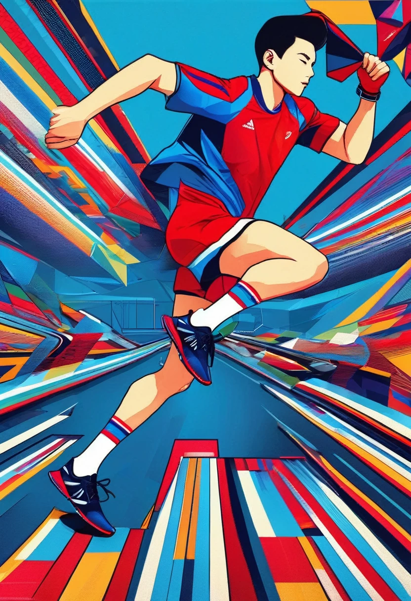 1 person, sock, sports shoes, Red shorts, Blue shirt,holding a torch，Olympic torch,geometry, Art, beautiful, rich and colorful, masterpiece, Top quality, best quality, official Art, beautiful and aesthetic, running, running track, track and field, bloom, track, Race, Asia, whole body.