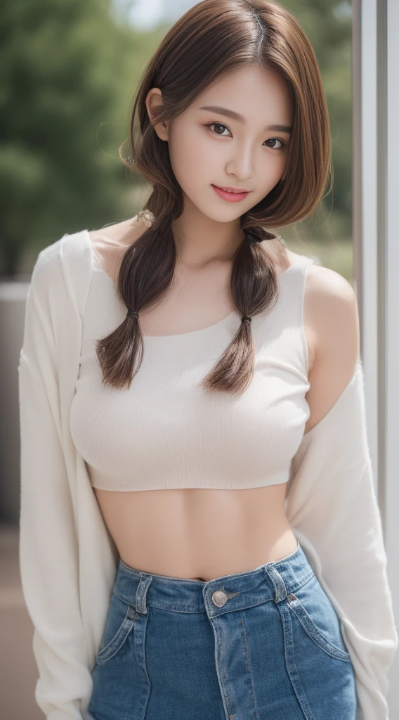 ((Best picture quality, 8K, tmasterpiece:1.3)), 1girll, Beautiful woman with slender abs:1.3, (Casual hairstyle，huge tit:1.3)，skirt，Ultra-fine face, A detailed eye, double eyelid，ssmile，Raised sexy，hot