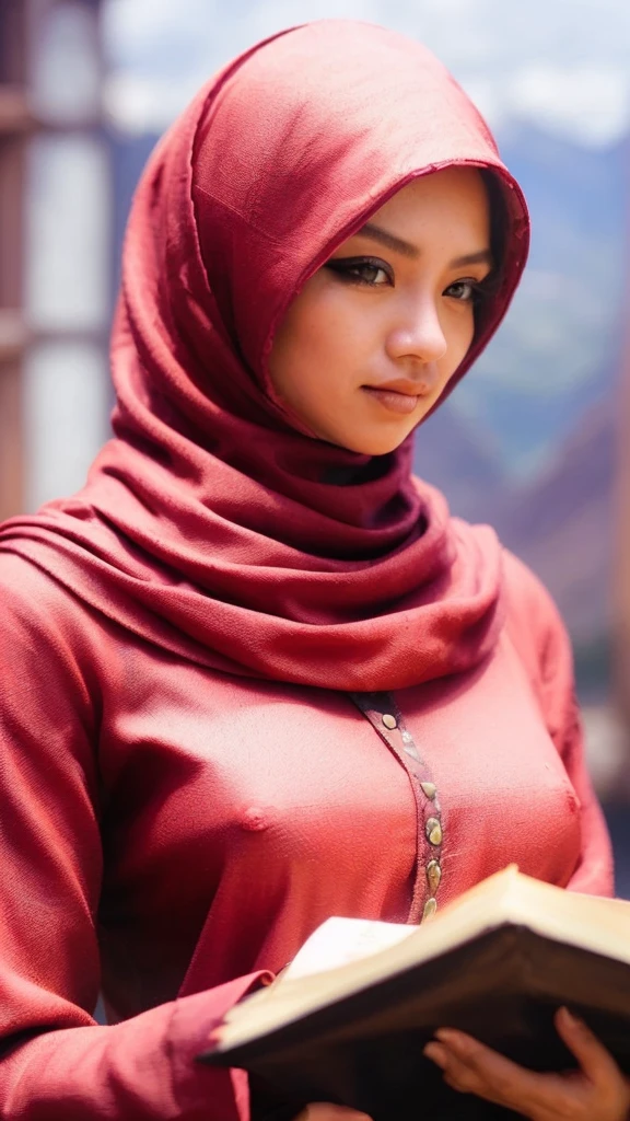 woman wearing black clothes, naked,most likely coming from a fantasy historical setting, rambut hitam panjang terurai, Mountains background , arms apart The atmosphere of this picture looks calm and full of enthusiasm.