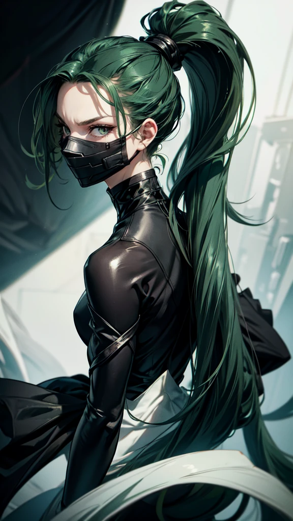 Adult woman, long green hair, high ponytail, white eyes, Black Dense Shape, mask, angry, seen from behind, Smile, Masterpiece, hiquality, 4k, HD, Good detail,,detailed eyes, detaield hands, detailed face, full body