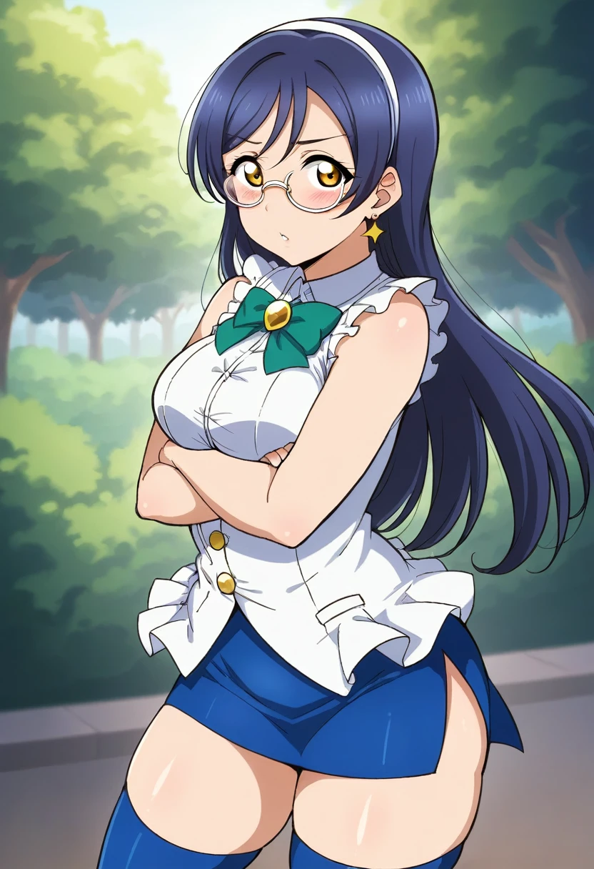 Masterpiece, best quality,alp artstyle,Solo, cowboy shot,Sonoda umi love live,(white and blue leotard), magical girl ,star glasses, earrings, thighhighs, breasts,outdoors,day, crossed arms,golden eyes,(blushing:1.2),mini skirt, side slit 