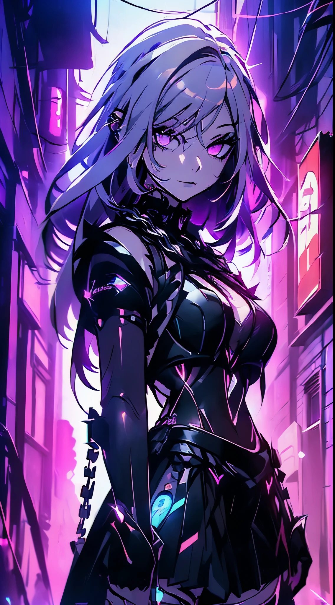 top-quality、Top image quality、masterpiece、Android Girl((sixteen years old 、Broken, skinny , cybersuit glowing black, red and white、neon energy source for the chest 、Light blue shiny hair、Long hair , spiky hair, messy hair, long fringe on hair, holding a chain whip, chains around her body, giant chains, Cyber Skirt、purple neon eyes 、Valley、Happiness、A slender))hiquality、Beautiful Art、Background streets (cyberpunk city、masutepiece、Elaborate design、visualart、Theatrical films, glowing neon eyes, cyberpunk, futuristic, white silver hair, no pupils on eyes