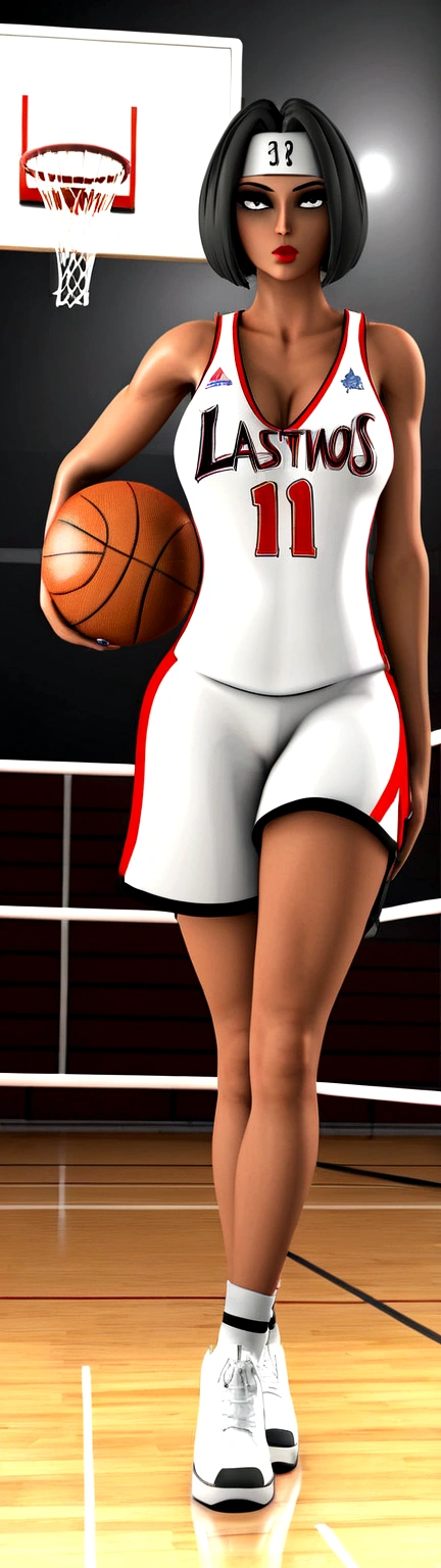 a beautiful goth girl with short hair wearing a headband, black eyes, gorgeous face, perfect body, wearing a basketball jersey, posing on a basketball court, (best quality,4k,8k,highres,masterpiece:1.2),ultra-detailed,,highly detailed face and body,extremely detailed eyes and face,longeyelashes,flawless skin,detailed basketball court,dramatic lighting,moody atmosphere,dark color palette,dramatic shadows