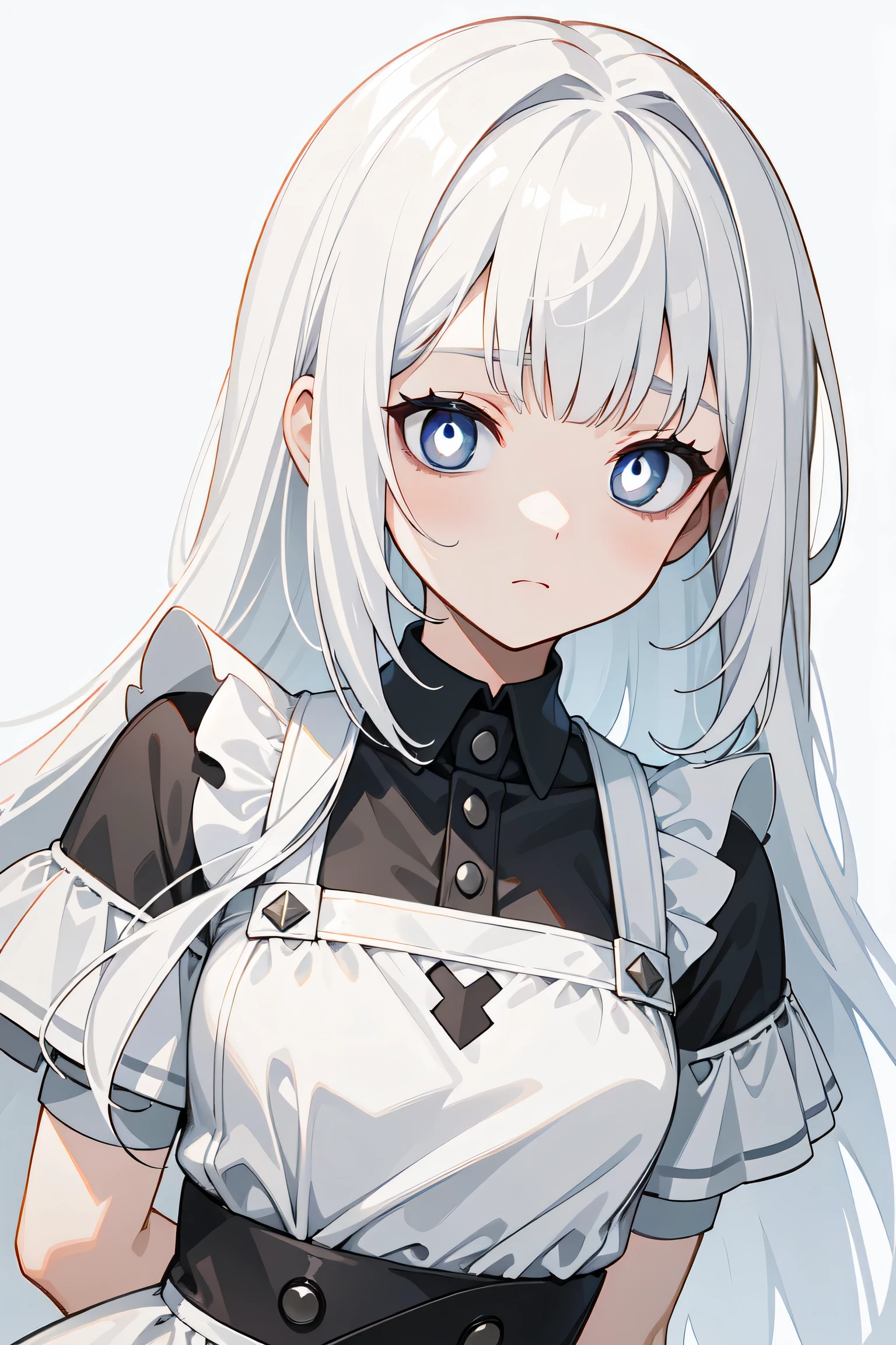 (masterpiece, Best quality, Ultra high quality:1.1), ((portrait)), 1 girl, One, young with long hair, Pure white hair, straight hair, Blunt bangs, ((light gray eyes, White students)), ((White students)), , flat chest, neutral, inexpressive, sad, White and black dress, maid, white apron, upper body, standing, hands behind your back, isometric lightning, White background, simple background