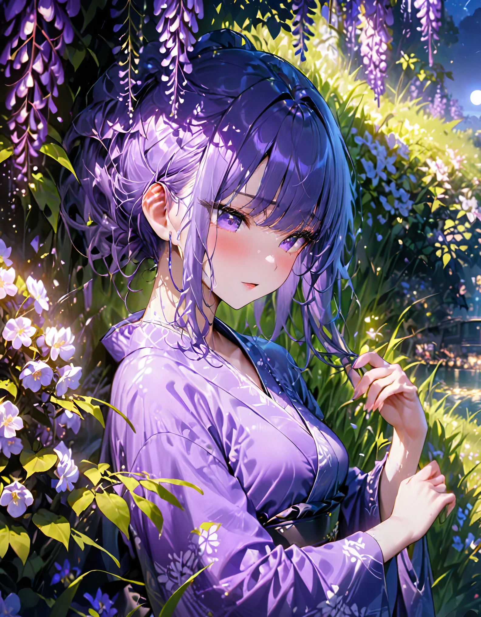 朧月、Woman in purple kimono、Look down、Wisteria flower、Green Grass、night、moonlight、(((masterpiece))), (Highest quality), (Super detailed), (very_expensive_solve), (big_file size), (Full Color)