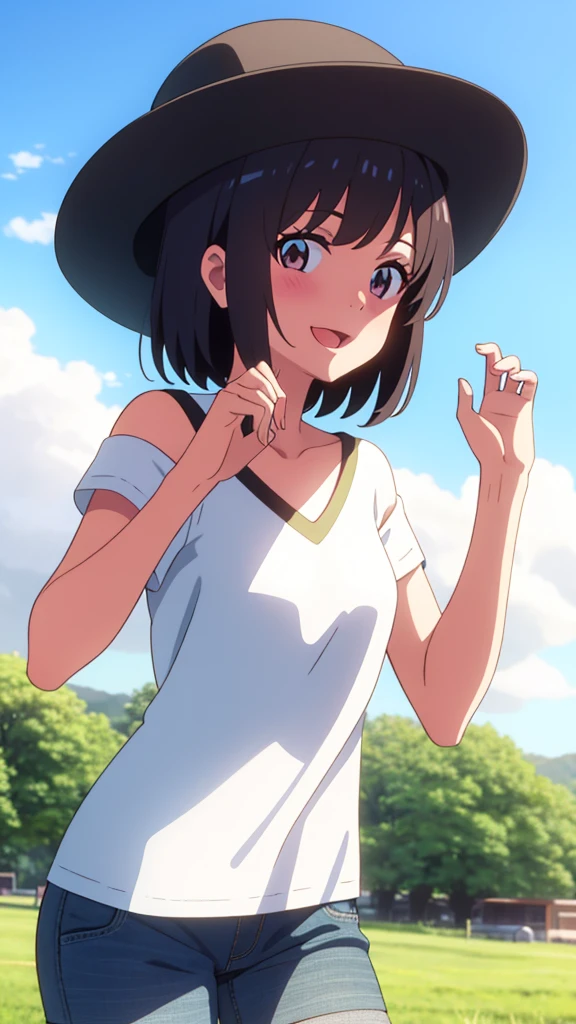 shinkai makoto, kimi no na wa., 1girl, bangs, black hair, blush, bright eyes, brown eyes, looking at the viewer, casual clothes, black bonnie hat, white shirt, bare shoulders, blue shorts, black pantyhose, short hair, solo, outdoors, shinny skin, smile, open mouth, evening, cloudy, blue sky, summer_season, scenery, upper body
