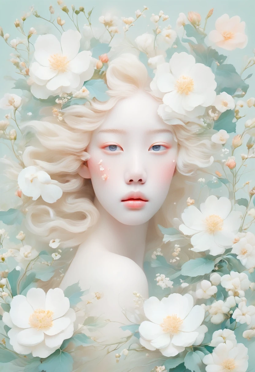 Blonde，White flowers on the face and eyes, Ultra-fine inspired by Hsiao-Ron Cheng, tumblr, Aestheticism, Gu Weiss, artwork in the style of Gu Weiss, Pastel, james jean 和 wlop, makoto kobayashi, Has a blooming and ethereal effect, Blurred dream illustration, Gu Weiss masterpiece