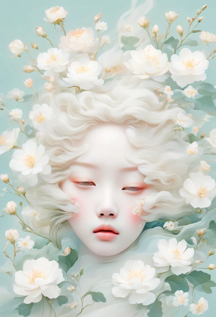 Blonde，White flowers on the face and eyes, Ultra-fine inspired by Hsiao-Ron Cheng, tumblr, Aestheticism, Gu Weiss, artwork in the style of Gu Weiss, Pastel, james jean 和 wlop, makoto kobayashi, Has a blooming and ethereal effect, Blurred dream illustration, Gu Weiss masterpiece