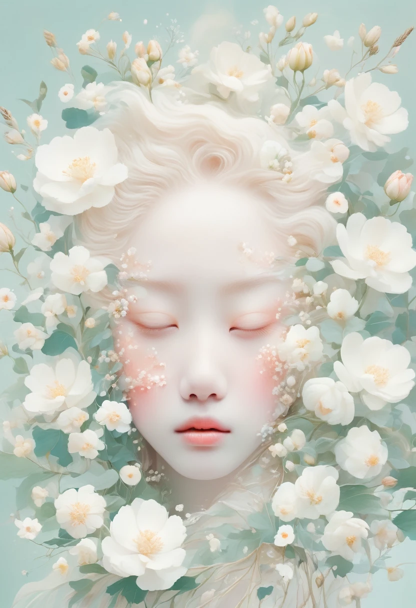 Blonde，White flowers on the face and eyes, Ultra-fine inspired by Hsiao-Ron Cheng, tumblr, Aestheticism, Gu Weiss, artwork in the style of Gu Weiss, Pastel, james jean 和 wlop, makoto kobayashi, Has a blooming and ethereal effect, Blurred dream illustration, Gu Weiss masterpiece