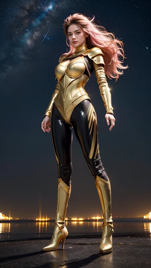 ((best quality)), ((masterpiece)), (ultra detailed lights), ((full body:1.3)), ((skinny body)), 1girl, extremely beautiful, ((slim body)), thighs gap, ultra face details, 20 years old, ((pink curvy-hair)), ((hair blown by strong winds :1.3)), Award-winning photograph, ((symmetrical pose)), ((full body golden black armor)), posing in the middle, intricate details, ((thight golden armour)), ((extremely details armor)), ((tight latex pants)), ((24k-gold armor)), ((edge luminous armor)), cameltoe, luminescent, epic lights reflections, at beach, full of stars, orange clouds, nebula sky, epic aurora borealis in the background, shooting stars, ((from below))