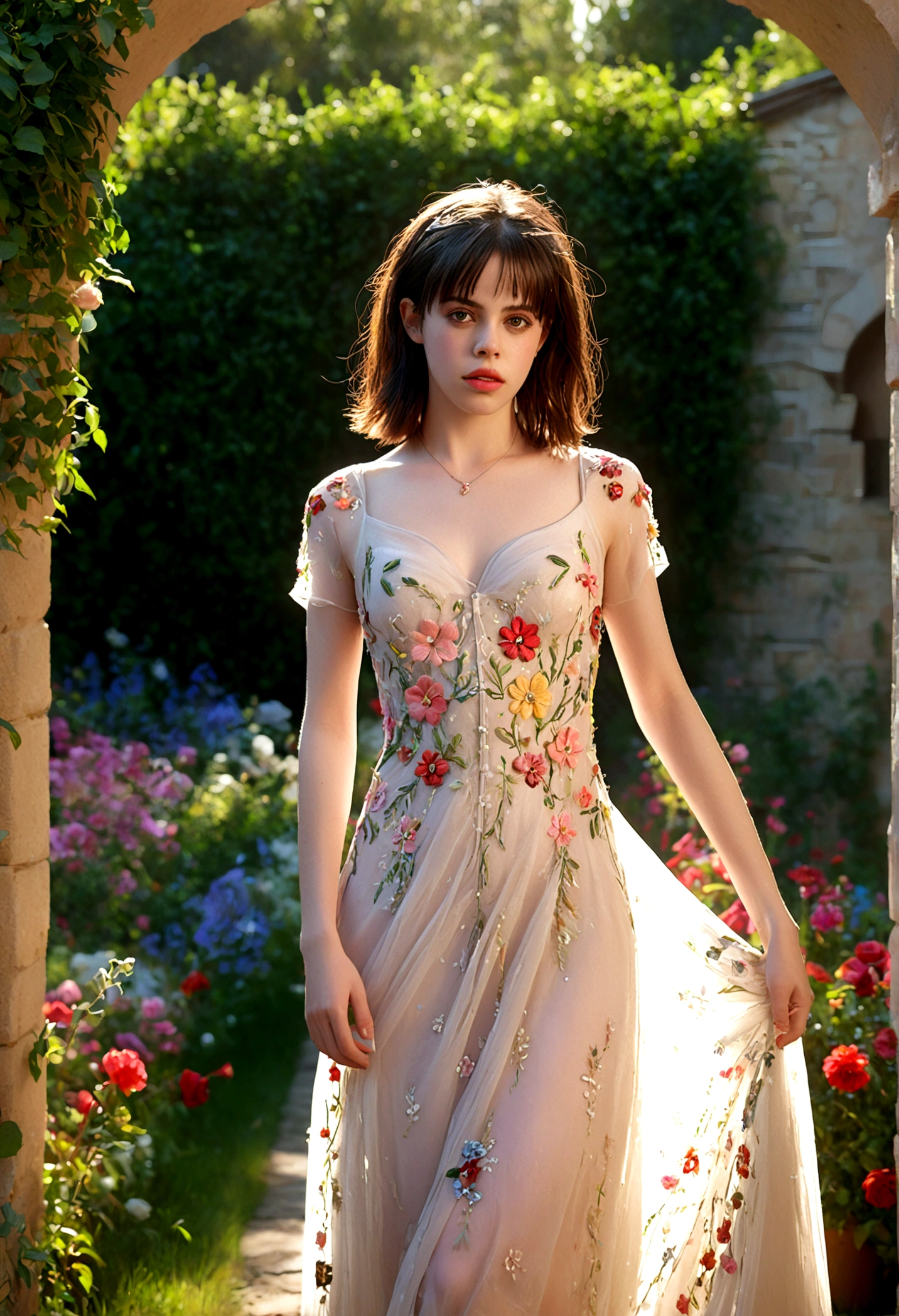 1girl, Fairuza Balk (age 18), stunning detailed eyes, sheer airy gown with flower embroidery spilt down the front, nude underneath, walking through a well tended flower garden, midday, full body shot, 1990s, (best quality,4k,8k,highres,masterpiece:1.2),ultra-detailed,(realistic,photorealistic,photo-realistic:1.37),HDR,UHR,studio lighting, ultra-fine painting,sharp focus,physically-based rendering,extreme detail description,professional,vivid colors,bokeh,portrait