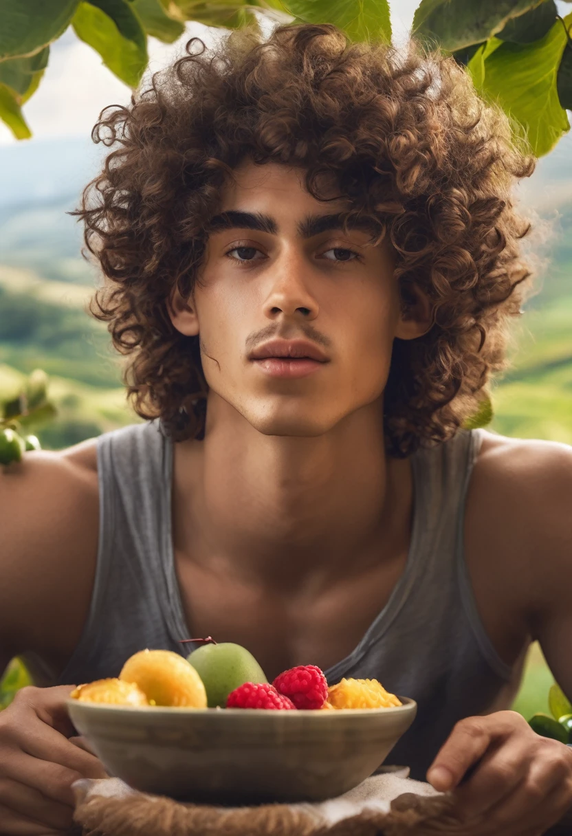Peaceful portrait of a young man eating a fruit, curly hair. Beautiful scenery, great details,  8k, perfect anatomy