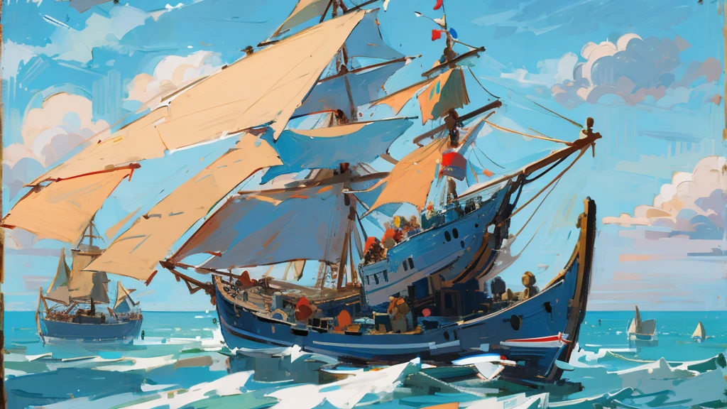 Ship, Medieval ship, Galeon, Sailing ship, open sea, clear sky, painting, one ship,