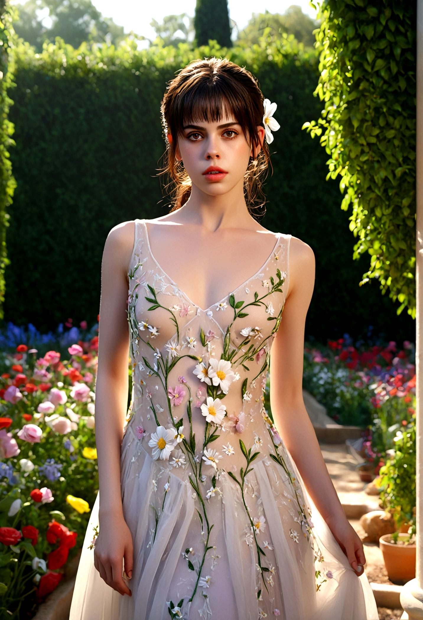 1girl, Fairuza Balk ( 18), stunning detailed eyes, sheer airy gown with flower embroidery spilt down the front, nude underneath, walking through a well tended flower garden, midday, full body shot, 1990s, (best quality,4k,8k,highres,masterpiece:1.2),ultra-detailed,(realistic,photorealistic,photo-realistic:1.37),HDR,UHR,studio lighting, ultra-fine painting,sharp focus,physically-based rendering,extreme detail description,professional,vivid colors,bokeh,portrait
