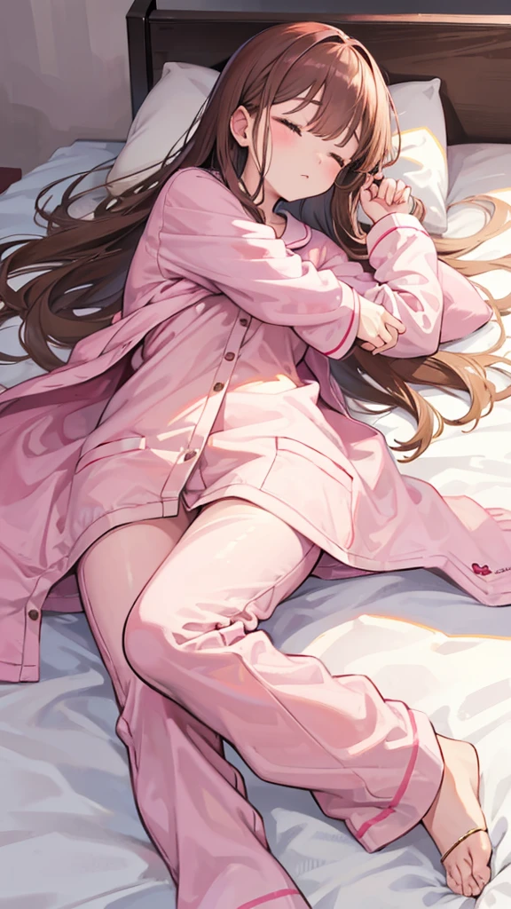 sleeping girl, 22 years, realist, she is wearing long pink pajamas, Brown hair.