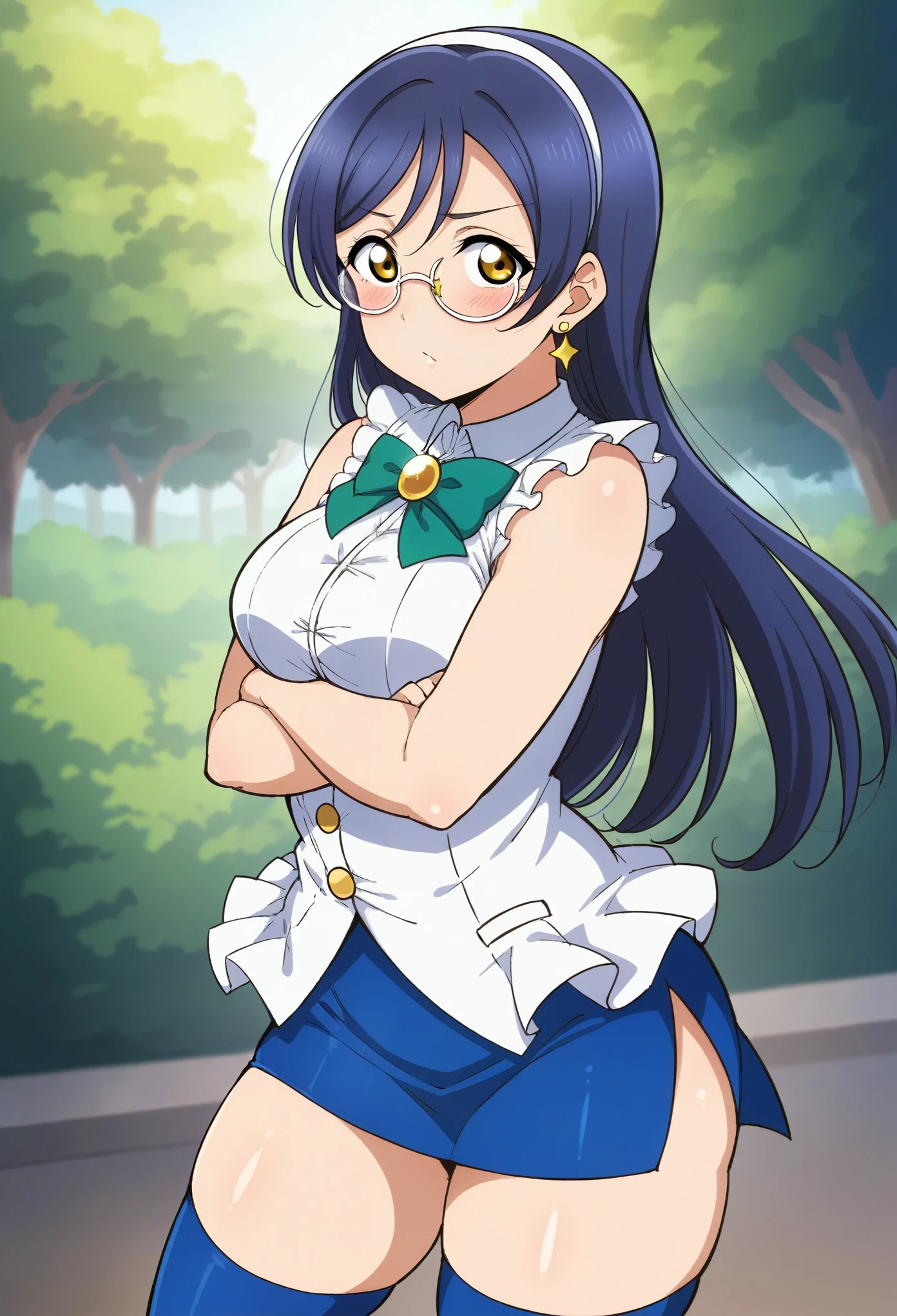 Masterpiece, best quality,alp artstyle,Solo, cowboy shot,Sonoda umi love live,(white and blue leotard), magical girl ,star glasses, earrings, thighhighs, breasts,outdoors,day, crossed arms,golden eyes,(blushing:1.2),mini skirt, side slit 