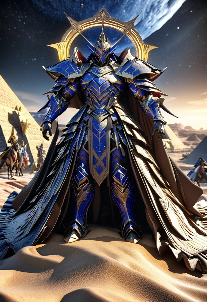 A captivating 3D render of a moonlit desert landscape, where diverse warriors in vibrant and intricate attire gather around Captain Ra, the central figure. Under a starry night sky, the Great Pyramid stands majestically in the background, casting a long shadow on the sand. Captain Ra, a tall and muscular figure, is adorned with impressive armor and a flowing cape, a golden halo surrounding him, symbolizing his power and leadership. The atmosphere is tense yet hopeful, as the warriors unite under Captain Ra's guidance to face an unknown challenge, evoking a cinematic and anime-inspired aesthetic., painting, fashion, vibrant, 3d render, cinematic, anime