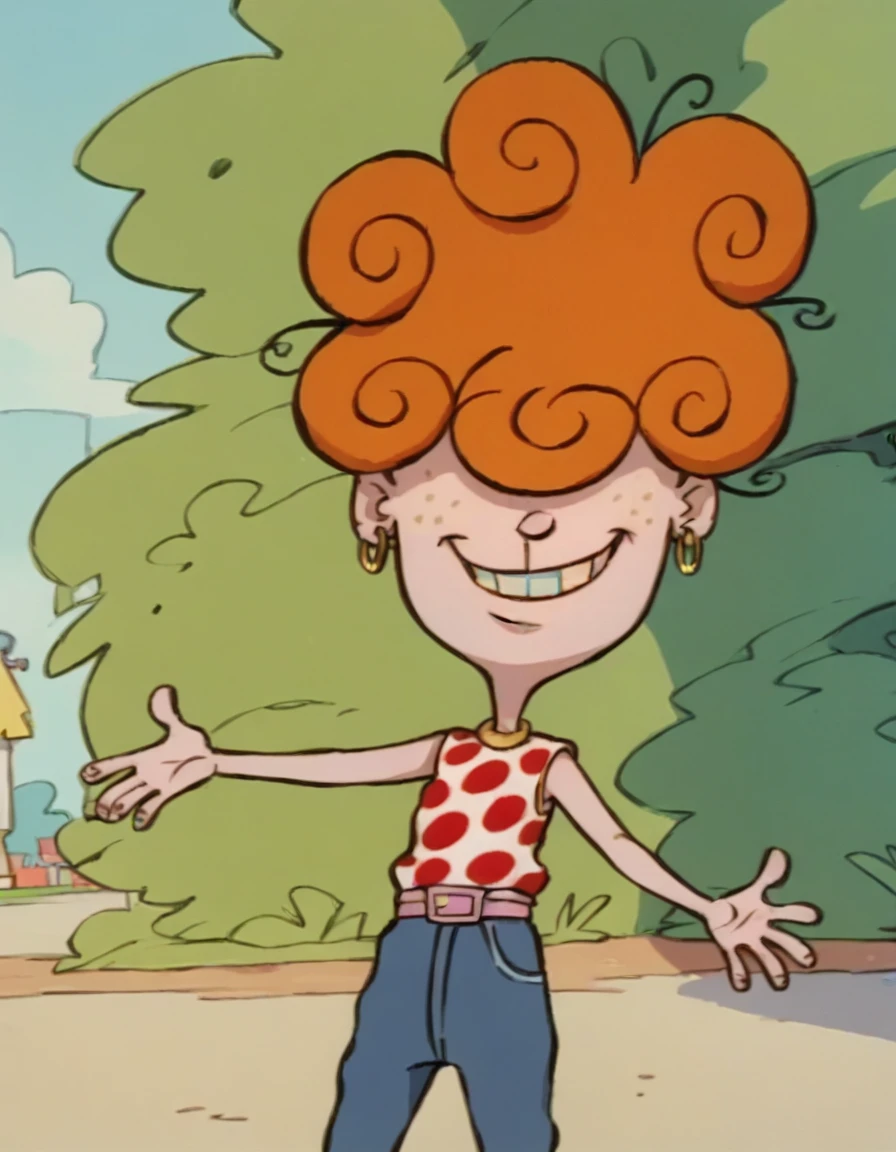 leekanker, hair over eyes, orange hair, 1girl, hoop earrings, polka dot swimsuit, solo, freckles, curly hair, smile, on beach, sunset,