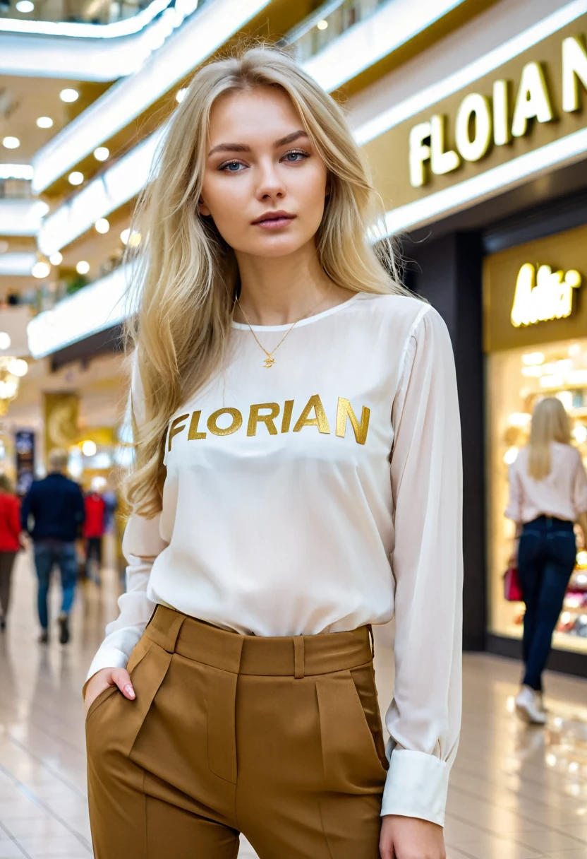 Very beautiful blonde girl from Russia, loose hair, brown pants, blouse with a letter that says FLORIAN in gold in the SHOPPING CENTER.