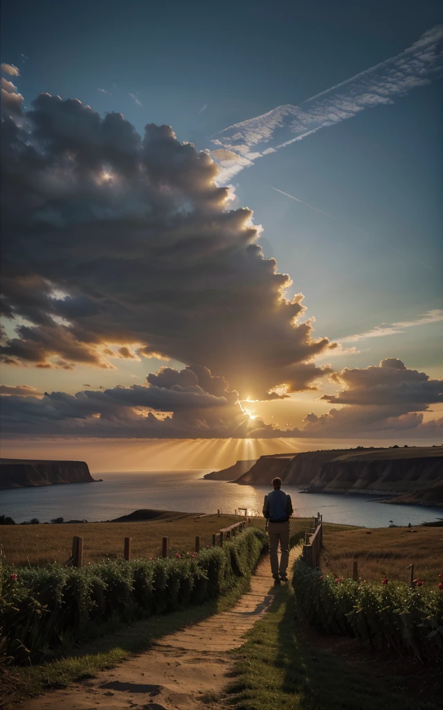 photorealistic landscape, natural landscape, naturey, Beleza Da naturey, Golden Sunset, Sky, Sky Power, Detailed Realistic Sunset, Cedars, Cedar, God's City, Heavens Realm, mountainscape, rivers of water, Sunset realism, Árvores naturey, Alone Men, man on his back, Man's Back, panorama, Alpha Male, Path to Heaven, heavenly, Detailed Realistic Image 8K, 16K Photorealistic Contrast, 8K Photorealistic Sharpness, 4K Photorealistic Cores, 16K Photorealistic Shadows, 8K Photorealistic Textures, 16K Photorealistic Texture, 4K Photorealistic Light, 4K PhotoRealism, FullHD 4K Detailed Contrast, detailed sharpness FullHD 8K, detailed sharpness FullHD 4K, detailed sharpness, 2K Detailed Colors, lifelike colors, FullHD Detailed Shadows, 4K Detailed Textures, detailed texture, padoru, Natural Beauty, chic