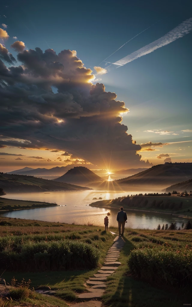 photorealistic landscape, natural landscape, naturey, Beleza Da naturey, Golden Sunset, Sky, Sky Power, Detailed Realistic Sunset, Cedars, Cedar, God's City, Heavens Realm, mountainscape, rivers of water, Sunset realism, Árvores naturey, Alone Men, man on his back, Man's Back, panorama, Alpha Male, Path to Heaven, heavenly, Detailed Realistic Image 8K, 16K Photorealistic Contrast, 8K Photorealistic Sharpness, 4K Photorealistic Cores, 16K Photorealistic Shadows, 8K Photorealistic Textures, 16K Photorealistic Texture, 4K Photorealistic Light, 4K PhotoRealism, FullHD 4K Detailed Contrast, detailed sharpness FullHD 8K, detailed sharpness FullHD 4K, detailed sharpness, 2K Detailed Colors, lifelike colors, FullHD Detailed Shadows, 4K Detailed Textures, detailed texture, padoru, Natural Beauty, chic