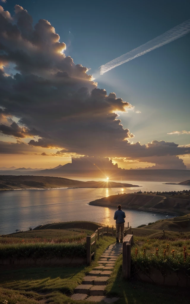photorealistic landscape, natural landscape, naturey, Beleza Da naturey, Golden Sunset, Sky, Sky Power, Detailed Realistic Sunset, Cedars, Cedar, God's City, Heavens Realm, mountainscape, rivers of water, Sunset realism, Árvores naturey, Alone Men, man on his back, Man's Back, panorama, Alpha Male, Path to Heaven, heavenly, Detailed Realistic Image 8K, 16K Photorealistic Contrast, 8K Photorealistic Sharpness, 4K Photorealistic Cores, 16K Photorealistic Shadows, 8K Photorealistic Textures, 16K Photorealistic Texture, 4K Photorealistic Light, 4K PhotoRealism, FullHD 4K Detailed Contrast, detailed sharpness FullHD 8K, detailed sharpness FullHD 4K, detailed sharpness, 2K Detailed Colors, lifelike colors, FullHD Detailed Shadows, 4K Detailed Textures, detailed texture, padoru, Natural Beauty, chic 