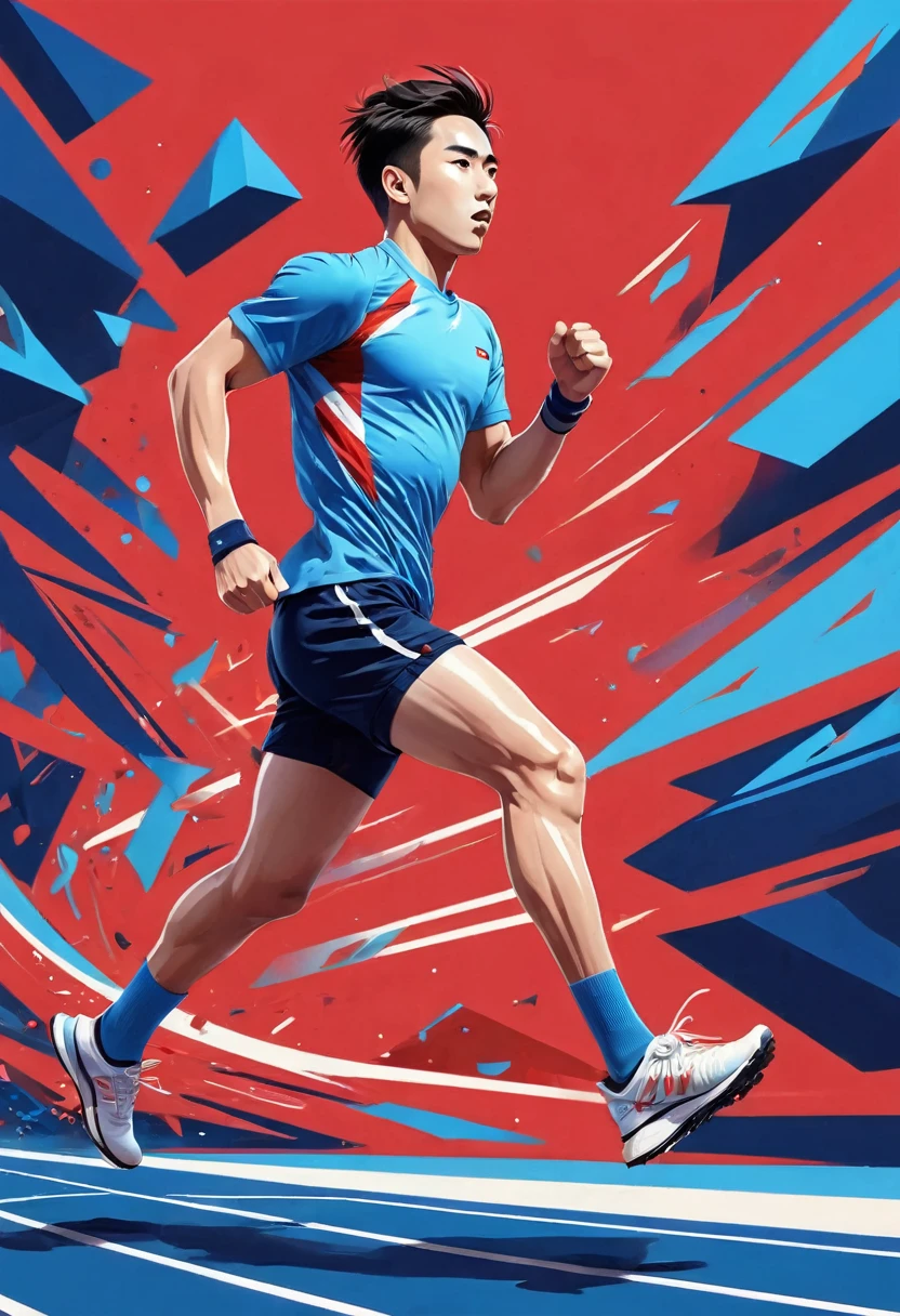 1 person, sock, sports shoes, Red shorts, Blue shirt,holding a torch，Olympic torch,geometry, Art, beautiful, rich and colorful, masterpiece, Top quality, best quality, official Art, beautiful and aesthetic, running, running track, track and field, bloom, track, Race, Asia, whole body.