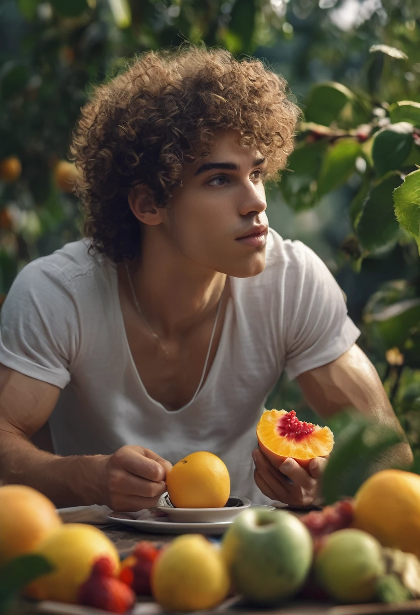 Peaceful portrait of a young man eating a fruit, curly hair. Beautiful scenery, great details, 8k, perfect anatomy