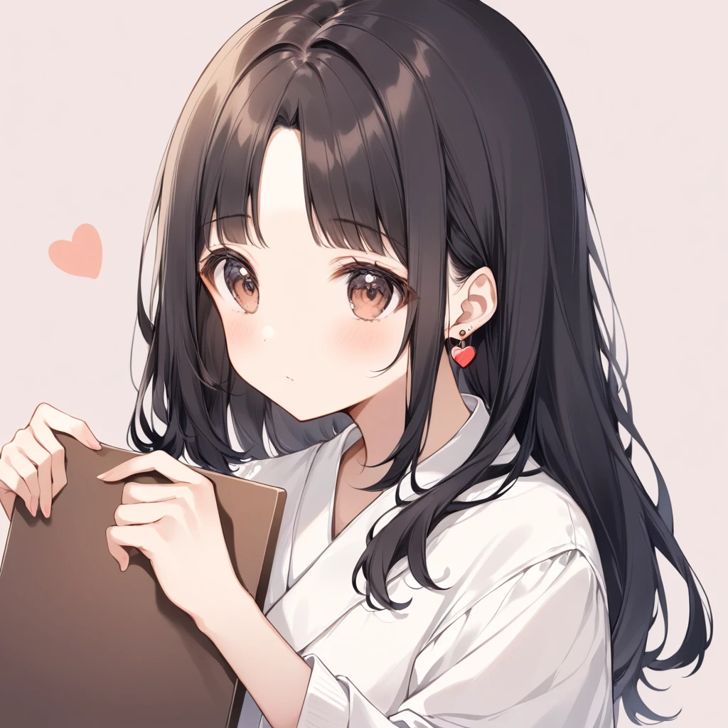 Cute Girls、Long Black Hair、A brown heart-shaped pin is holding the right side of her bangs in place.、Mature、1 person