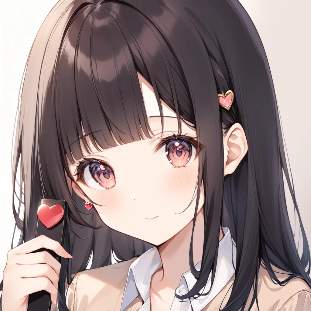 Cute Girls、Long Black Hair、A brown heart-shaped pin is holding the right side of her bangs in place.、Mature、1 person
