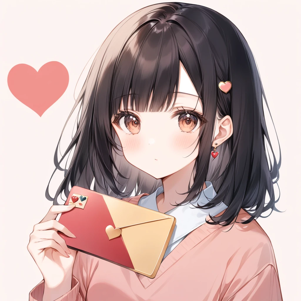 Cute Girls、Long Black Hair、A brown heart-shaped pin is holding the right side of her bangs in place.、Mature、1 person