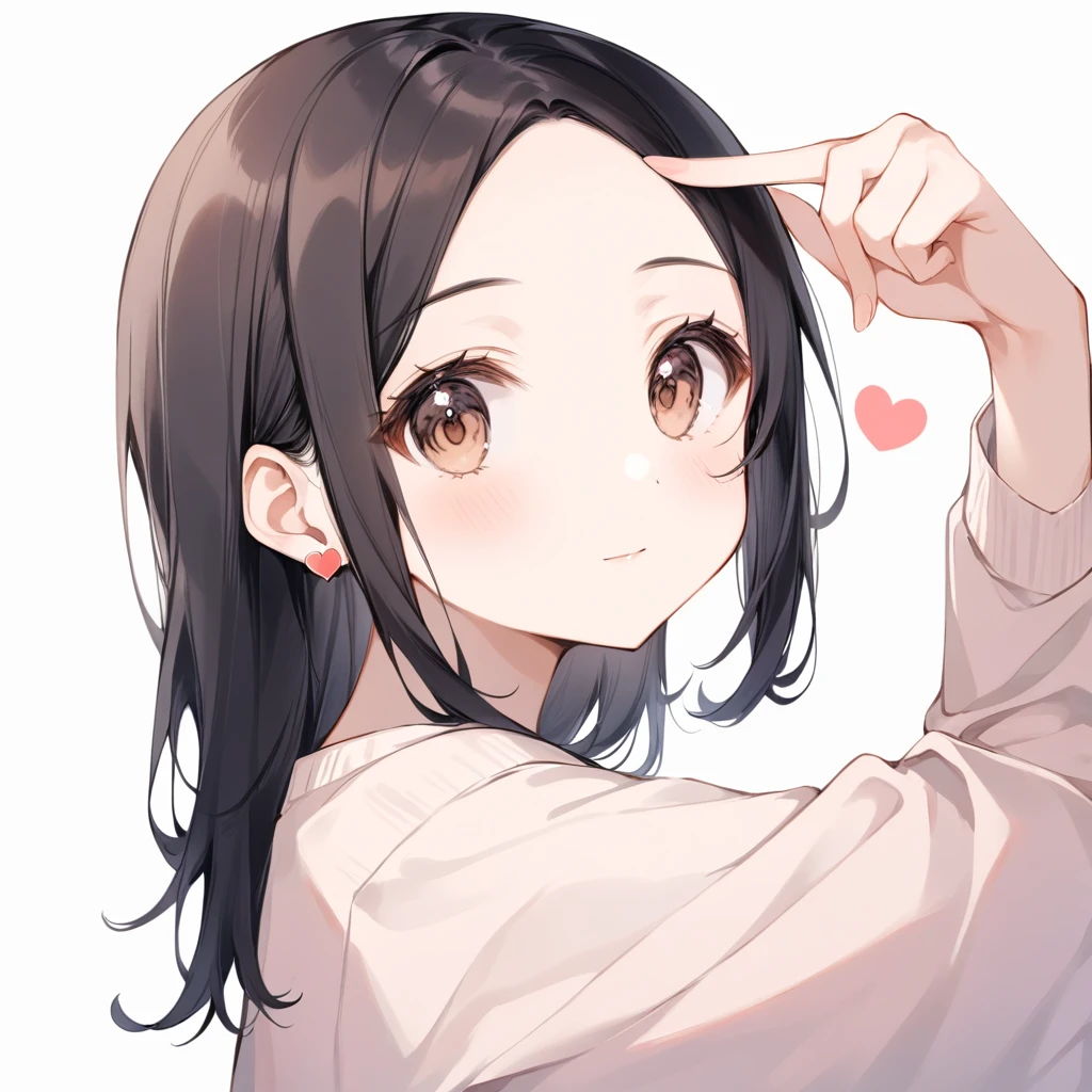 Cute Girls、Long Black Hair、A brown heart-shaped pin is holding the right side of her bangs in place.、Mature、1 person