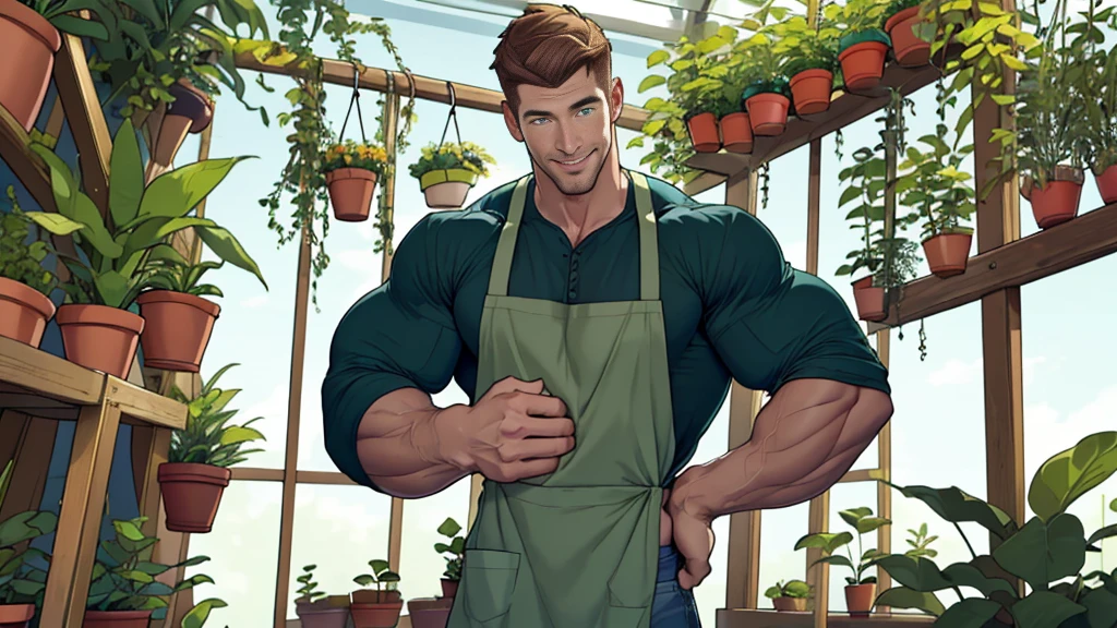 Clear background、A handsome tall man standing, He is 28 years old,Thin waist,The pectoral muscles are well developed, He is 175cm tall,Weight 62 kg、yellow-green eyes、brown hair color、short hair、Shirtless、jeans、looking into camera,Smile,Plant pots,gardening store,apron