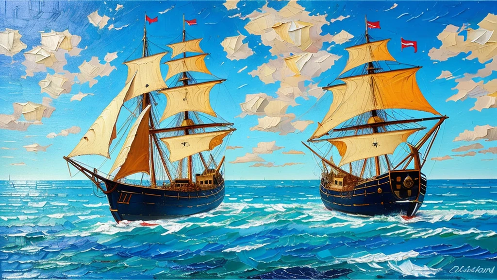 Ship, Medieval ship, Galeon, Sailing ship, open sea, clear sky, painting, one ship,