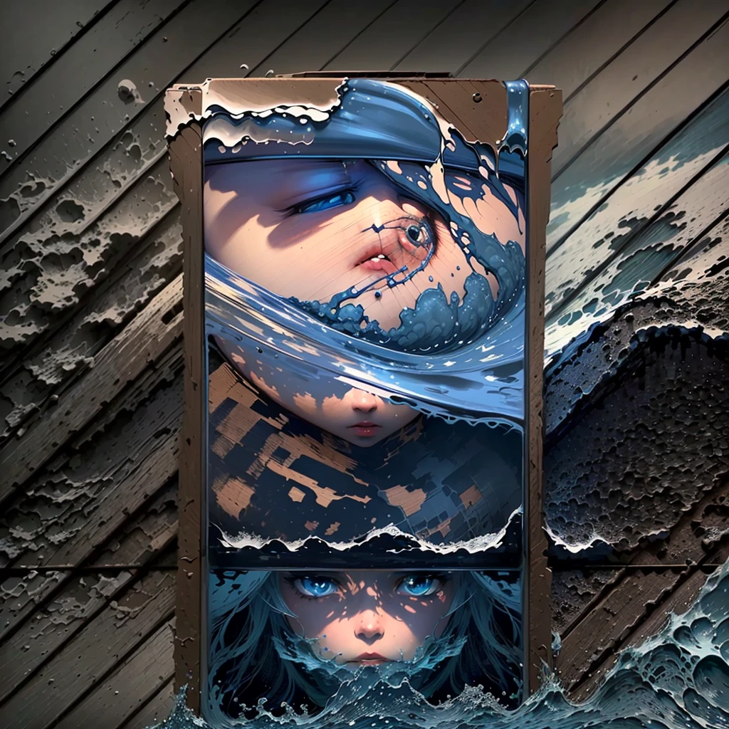 A great collapsing ocean, shades of blue, feeling of depth, choppy water. It is possible to observe a face forming