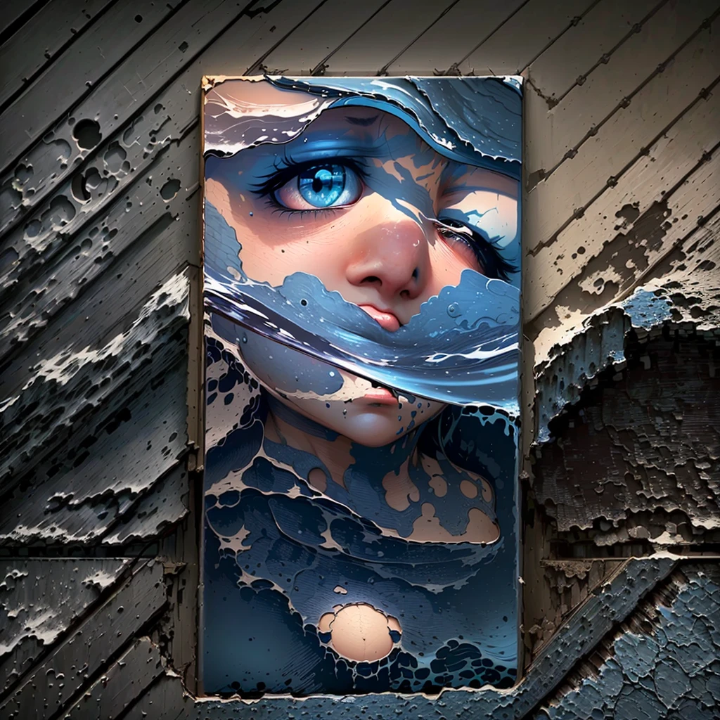 A great collapsing ocean, shades of blue, feeling of depth, choppy water. It is possible to observe a face forming