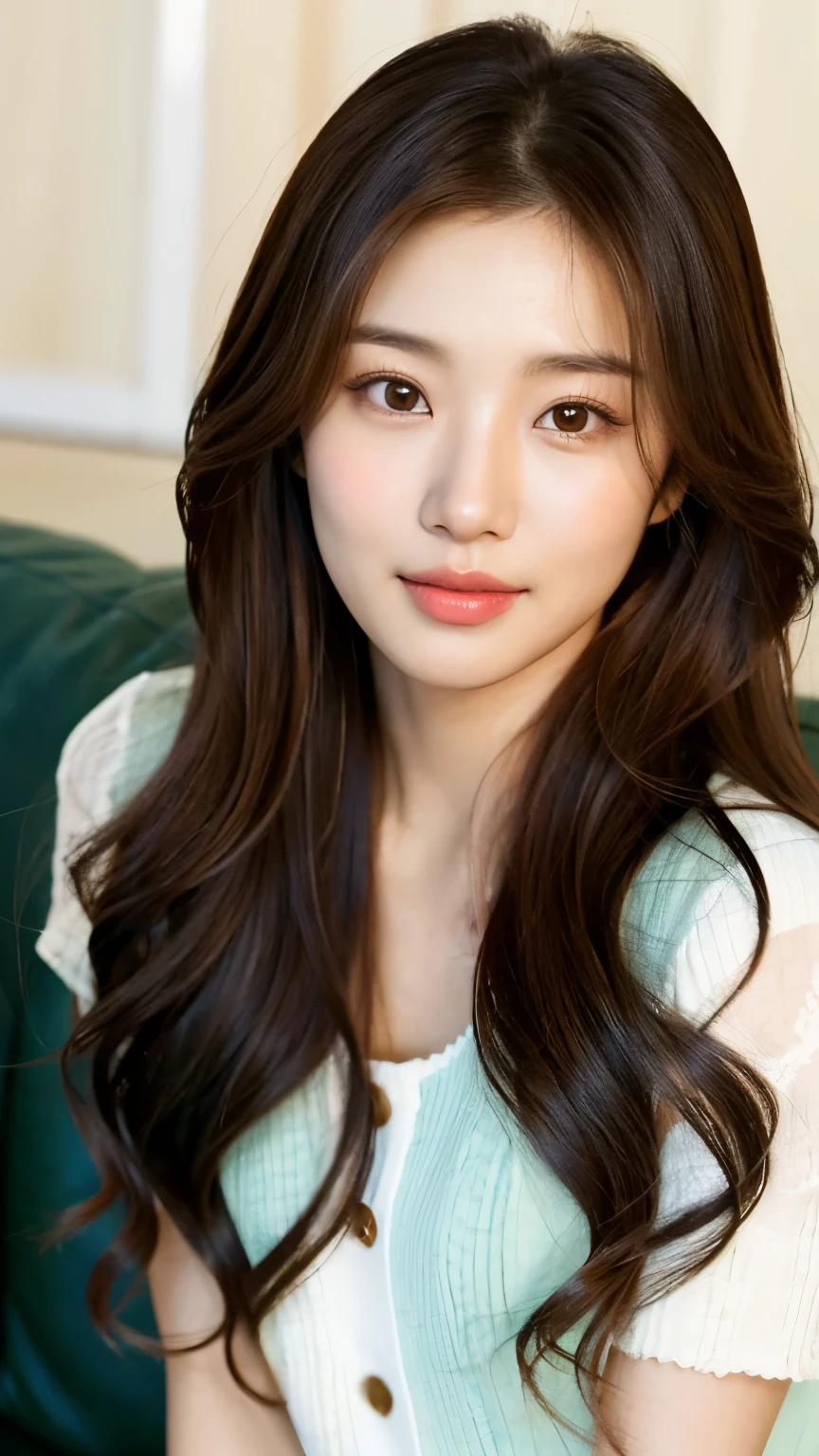 a close up of a woman with long brown hair sitting on a couch, beautiful south korean woman, bae suzy, cute korean actress, park ji-min, female actress from korea, hwang se - on, popular south korean makeup, beautiful young korean woman, gorgeous young korean woman, lee ji-eun, lee ji - eun, heonhwa choe