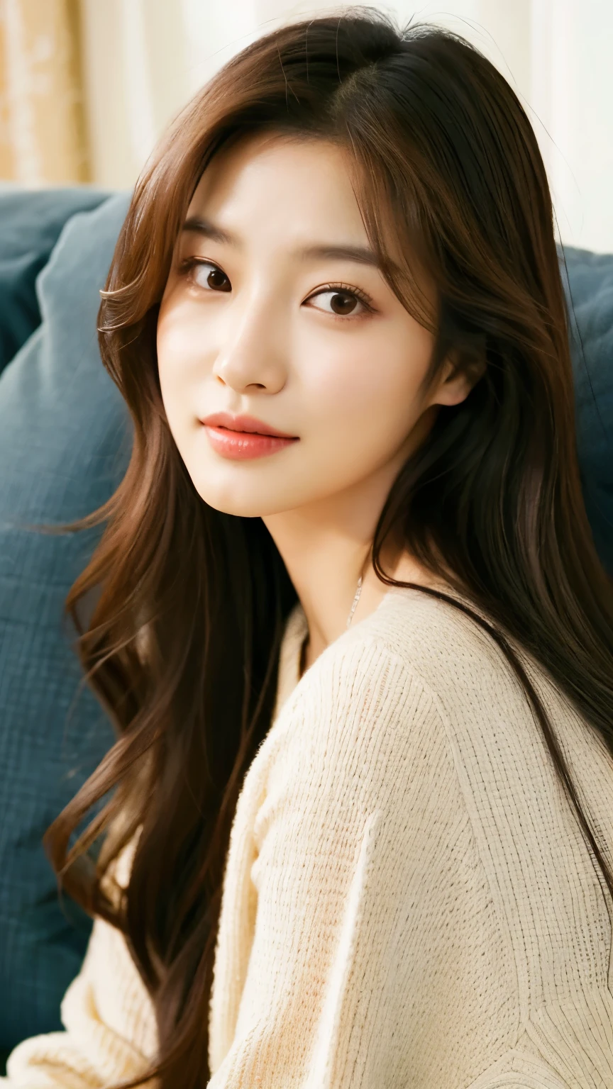 a close up of a woman with long brown hair sitting on a couch, beautiful south korean woman, bae suzy, cute korean actress, park ji-min, female actress from korea, hwang se - on, popular south korean makeup, beautiful young korean woman, gorgeous young korean woman, lee ji-eun, lee ji - eun, heonhwa choe