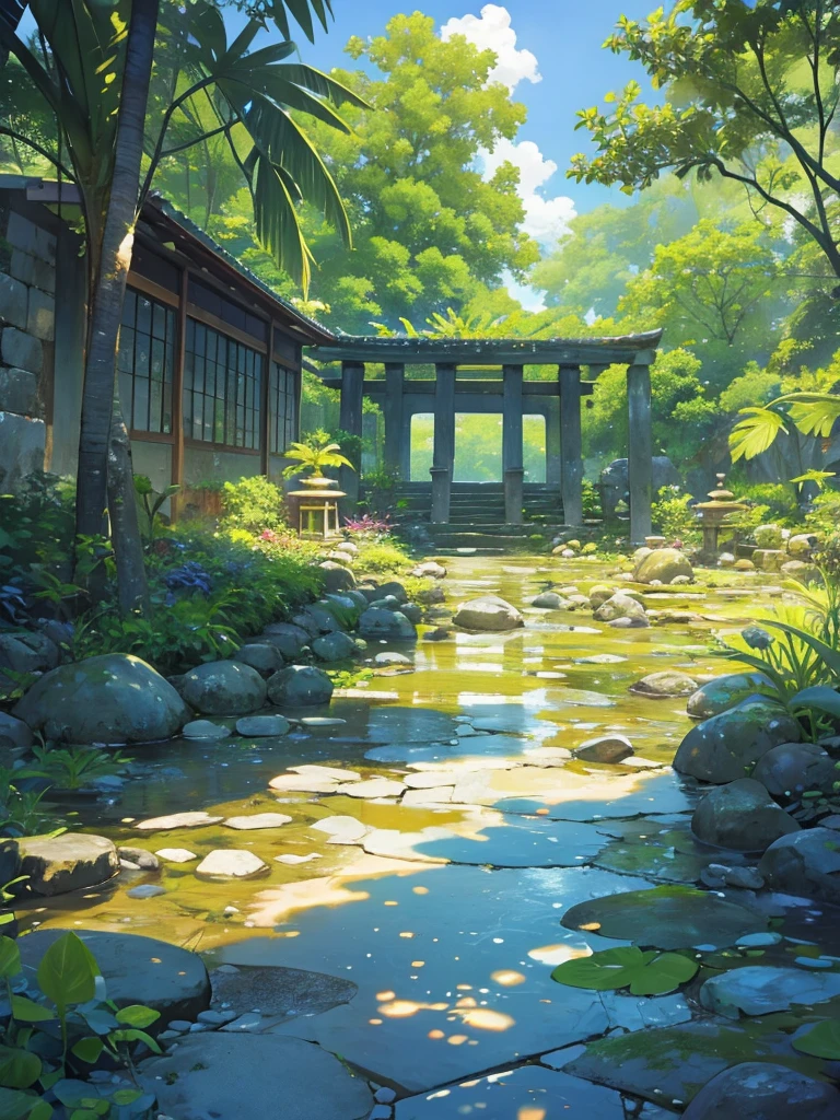 Stone ruins, Tropical plants, Clear puddles, Iwashimizu