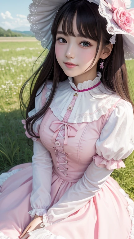 masterpiece、Highest quality、８ｋ、1 Girl、White skin、Big close-up of face、Beautiful thighs、Gospel Lolita Fashion、Pink outfit、grassland、、((Looking into the distance))、Cute Smile、Very cute face