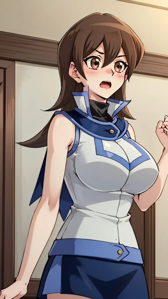 masterpiece, best quality, highres,1girl, solo, ta1, white jacket, sleeveless, blue skirt, fingerless gloves,  makurada junko, turtleneck, white vest, sleeveless, high collar, belt, blue miniskirt, huge breasts, blush, open mouth, cowboy shot, indoors, bedroom