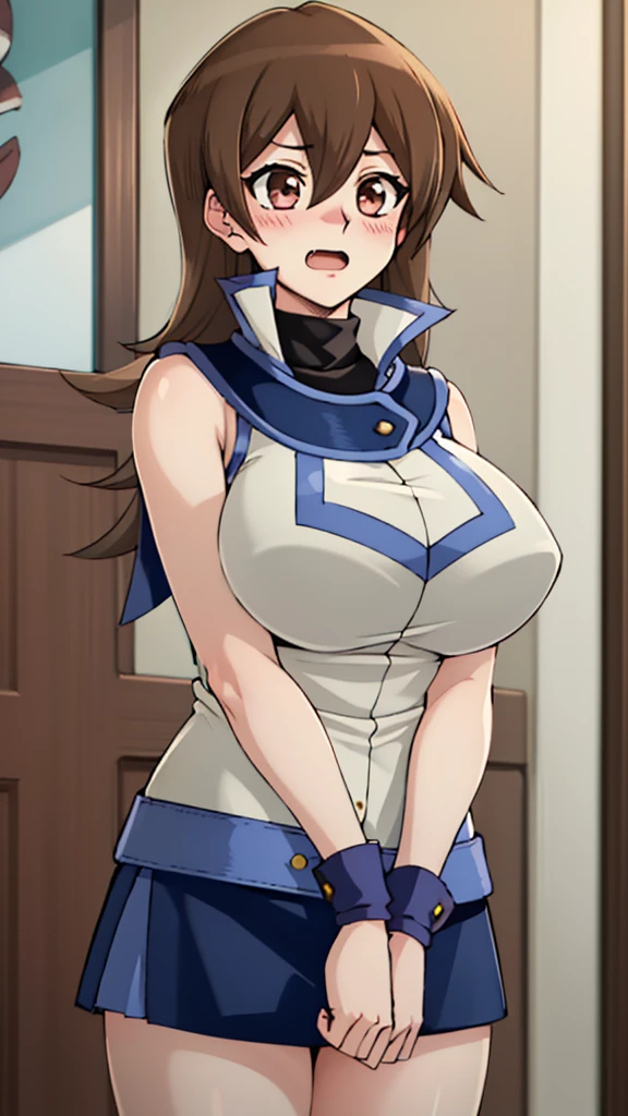 masterpiece, best quality, highres,1girl, solo, ta1, white jacket, sleeveless, blue skirt, fingerless gloves,  makurada junko, turtleneck, white vest, sleeveless, high collar, belt, blue miniskirt, huge breasts, blush, open mouth, cowboy shot, indoors, bedroom